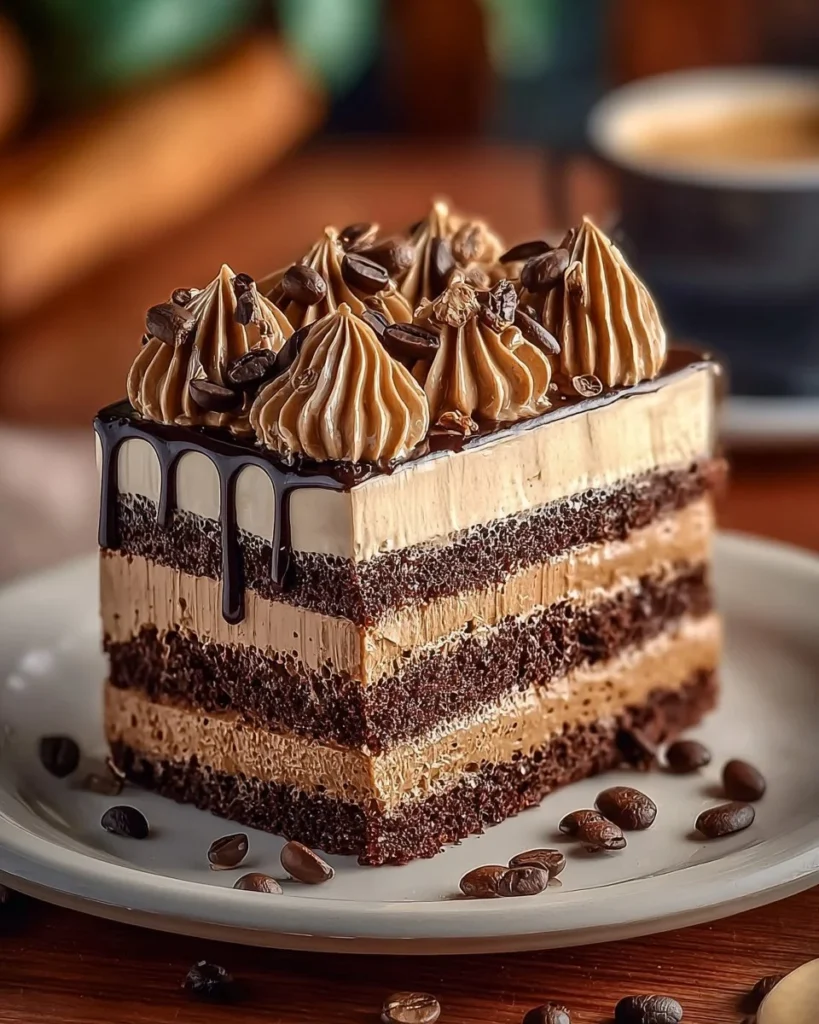 Delicious Cafe Mocha Layer Cake with coffee and chocolate layers
