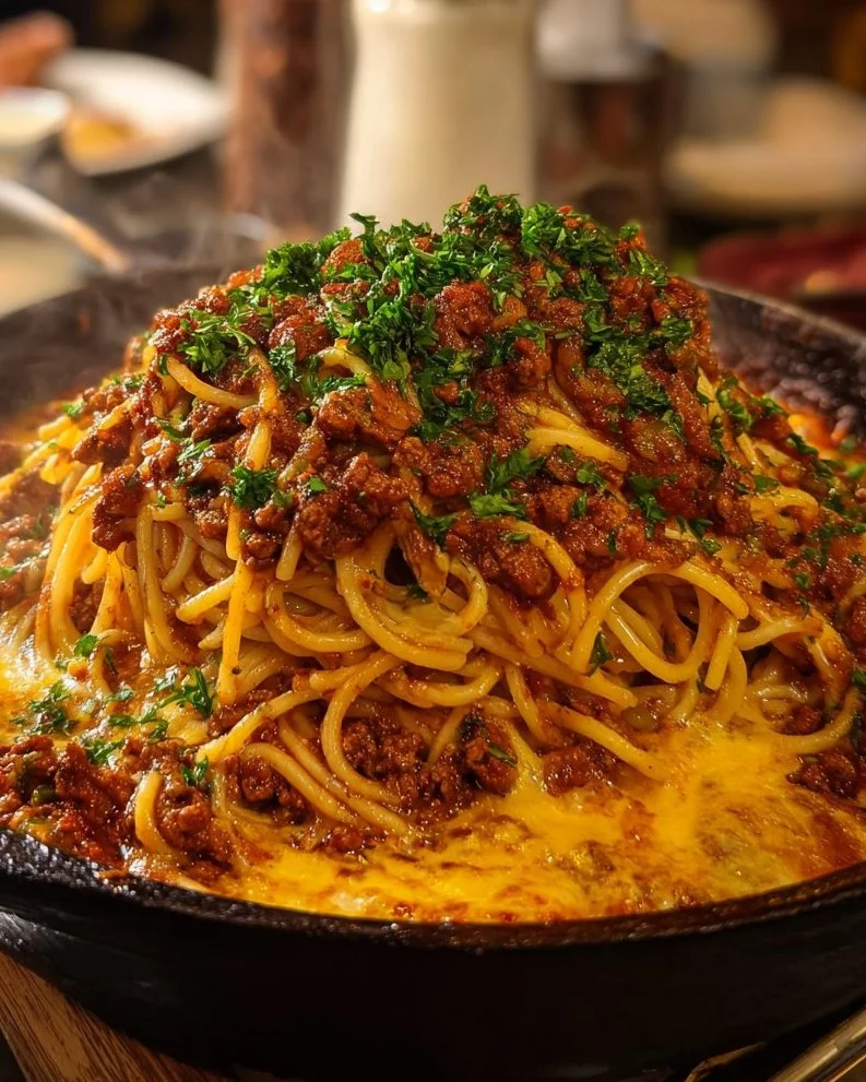 Cajun Beef Spaghetti topped with creamy three-cheese Parmesan sauce