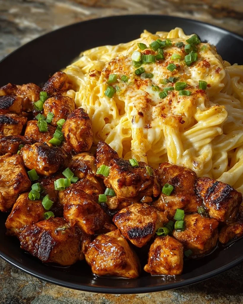 Cajun Chicken Bites served with creamy rigatoni pasta on a plate