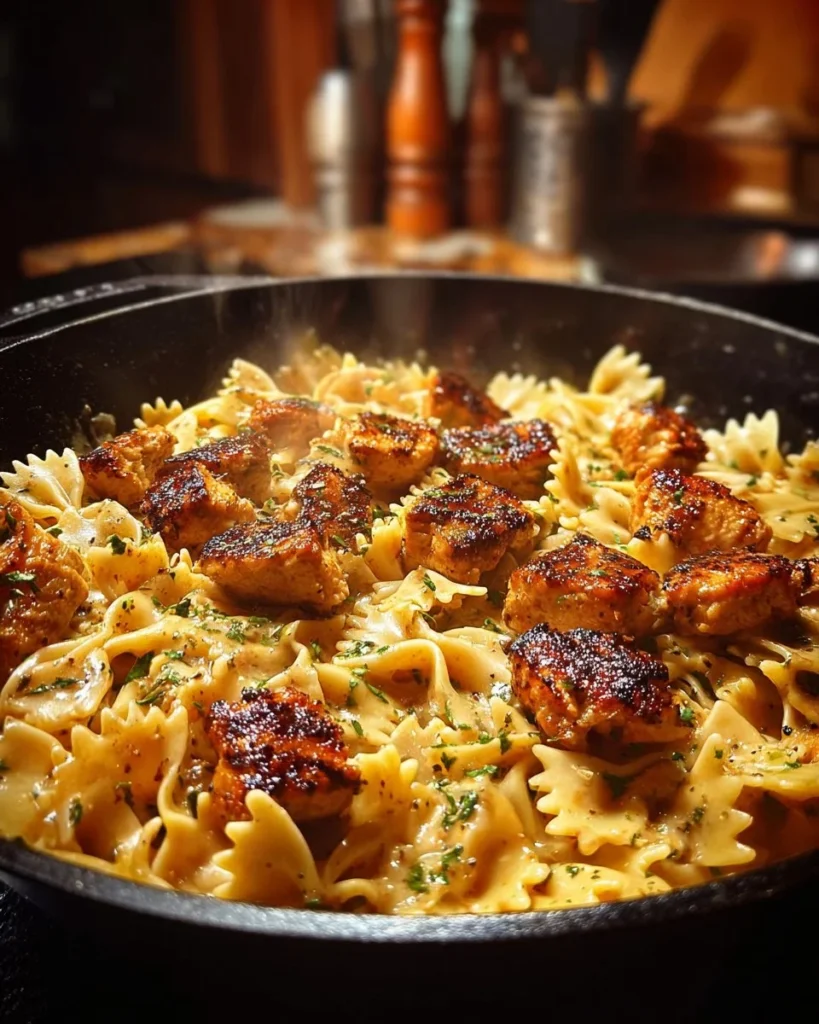 Cajun Chicken Bowtie Pasta in creamy cheese sauce served in a bowl