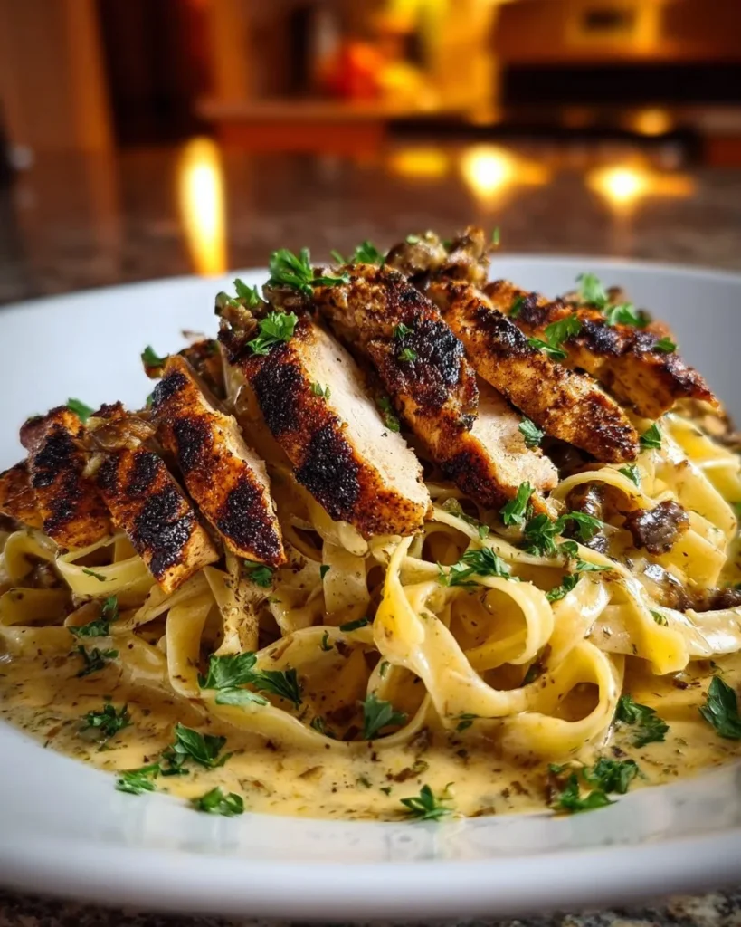 Plate of Cajun Chicken with creamy Parmesan linguine pasta garnished with herbs.