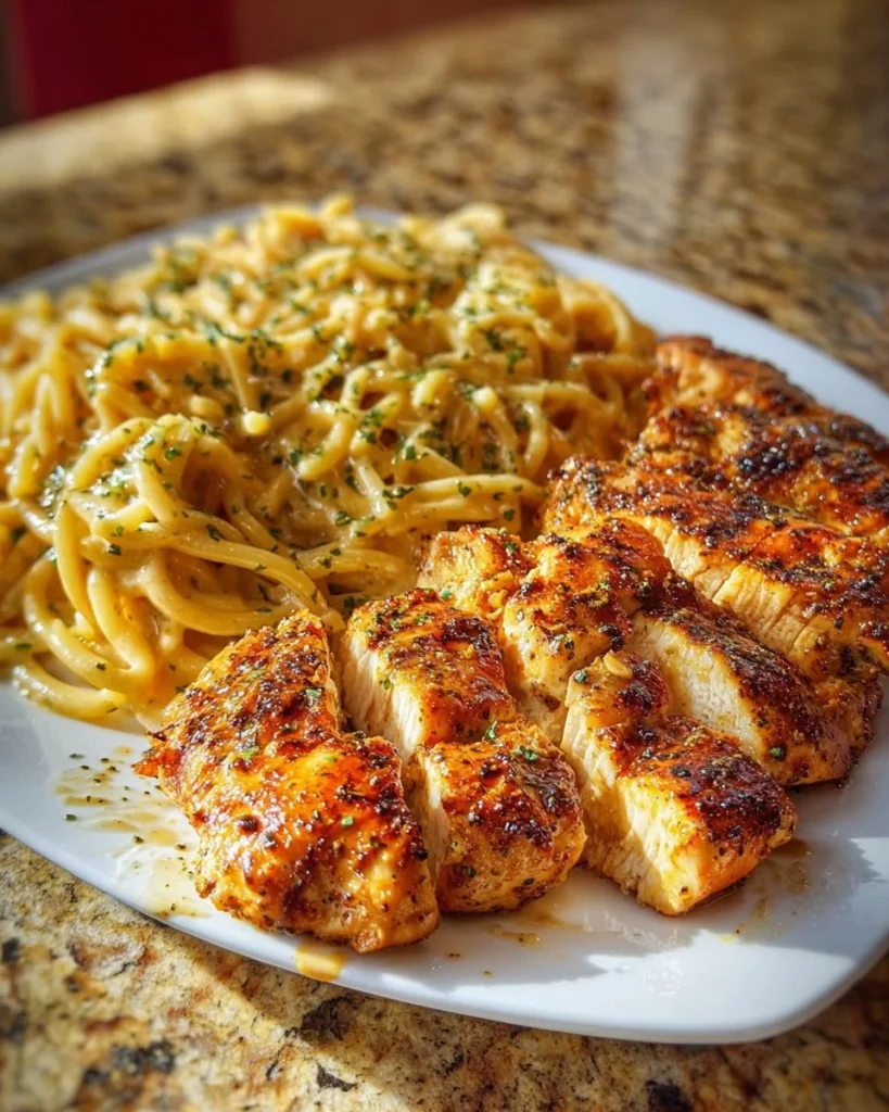 Cajun Garlic Chicken Rotini topped with creamy Alfredo cheese sauce