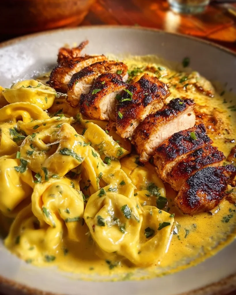 Cajun Garlic Chicken Tortellini served in a three-cheese cream sauce