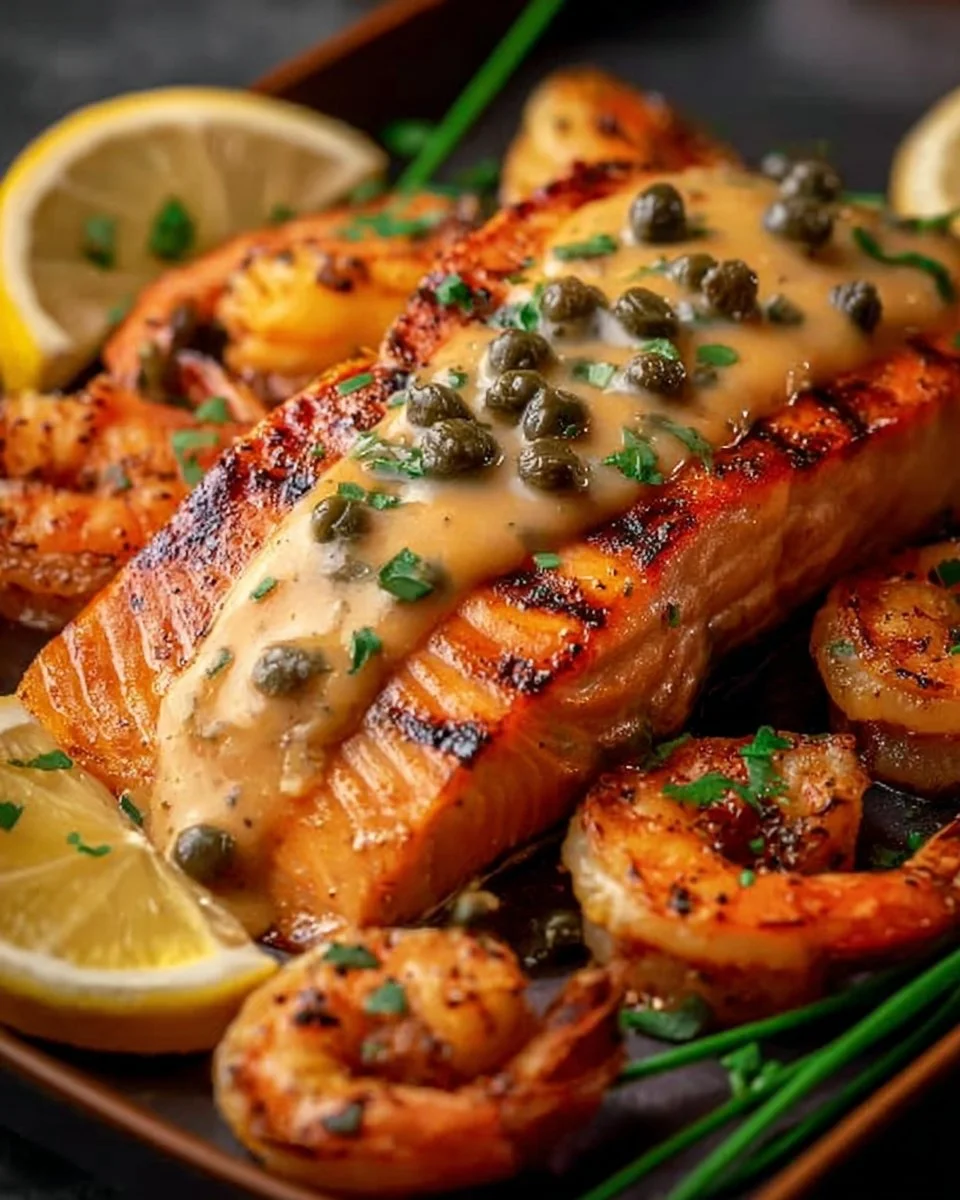 Cajun Salmon and Shrimp in a creamy garlic herb sauce served on a plate