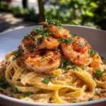 Cajun shrimp and lobster pasta garnished with herbs in a creamy sauce