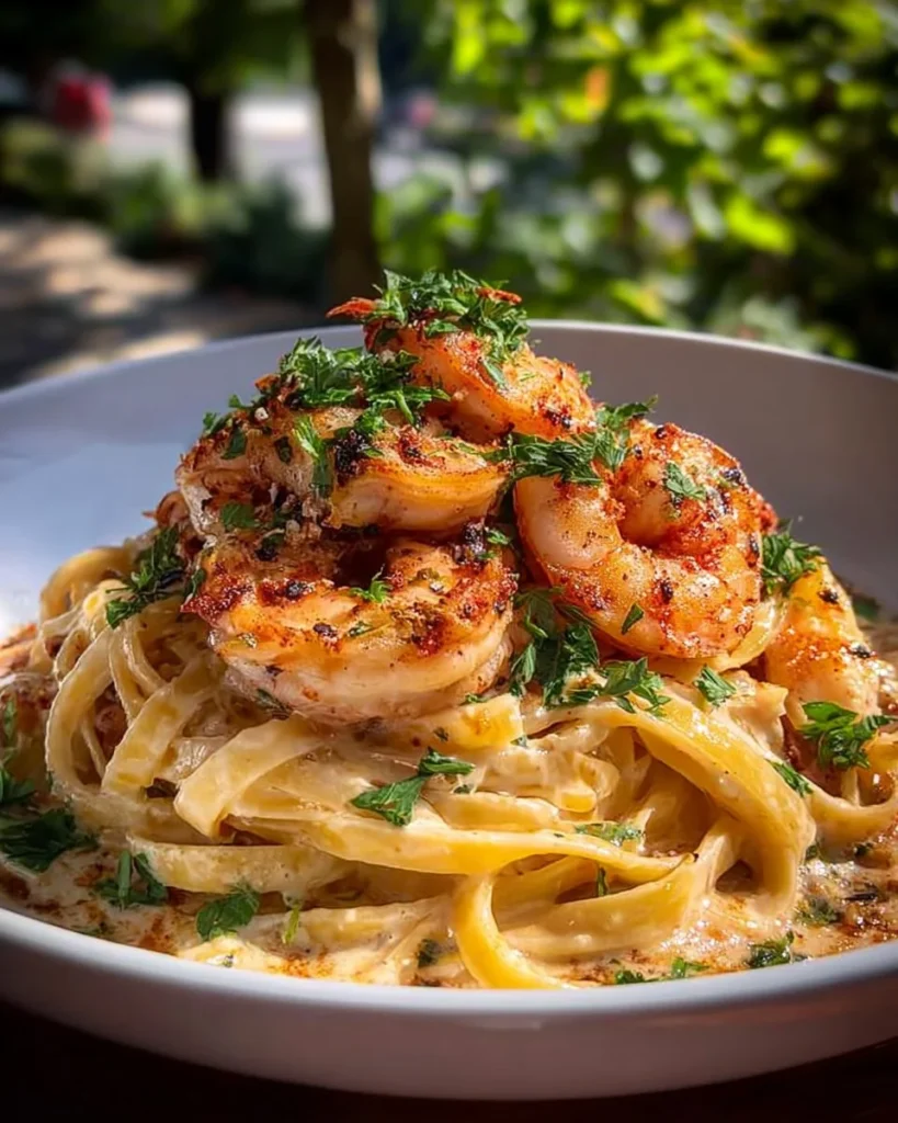 Cajun shrimp and lobster pasta garnished with herbs in a creamy sauce