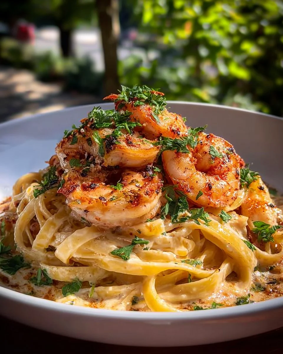 Cajun shrimp and lobster pasta garnished with herbs in a creamy sauce