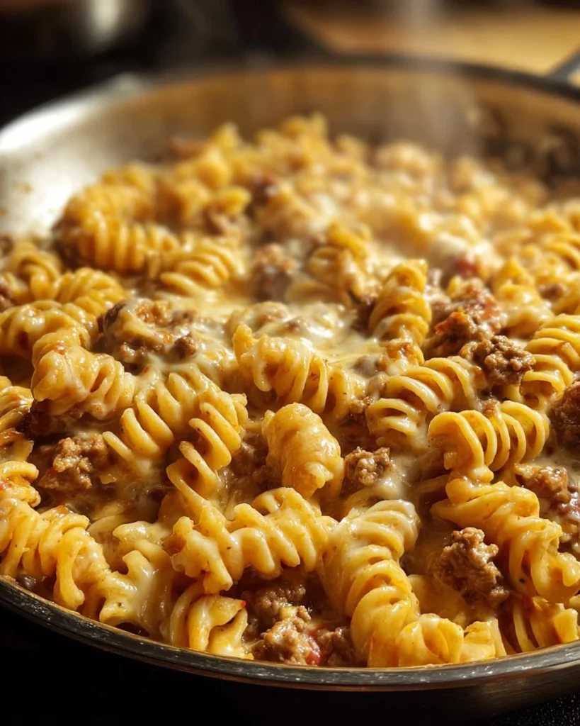 Cajun beef rotini in a creamy Velveeta cheese sauce served in a bowl