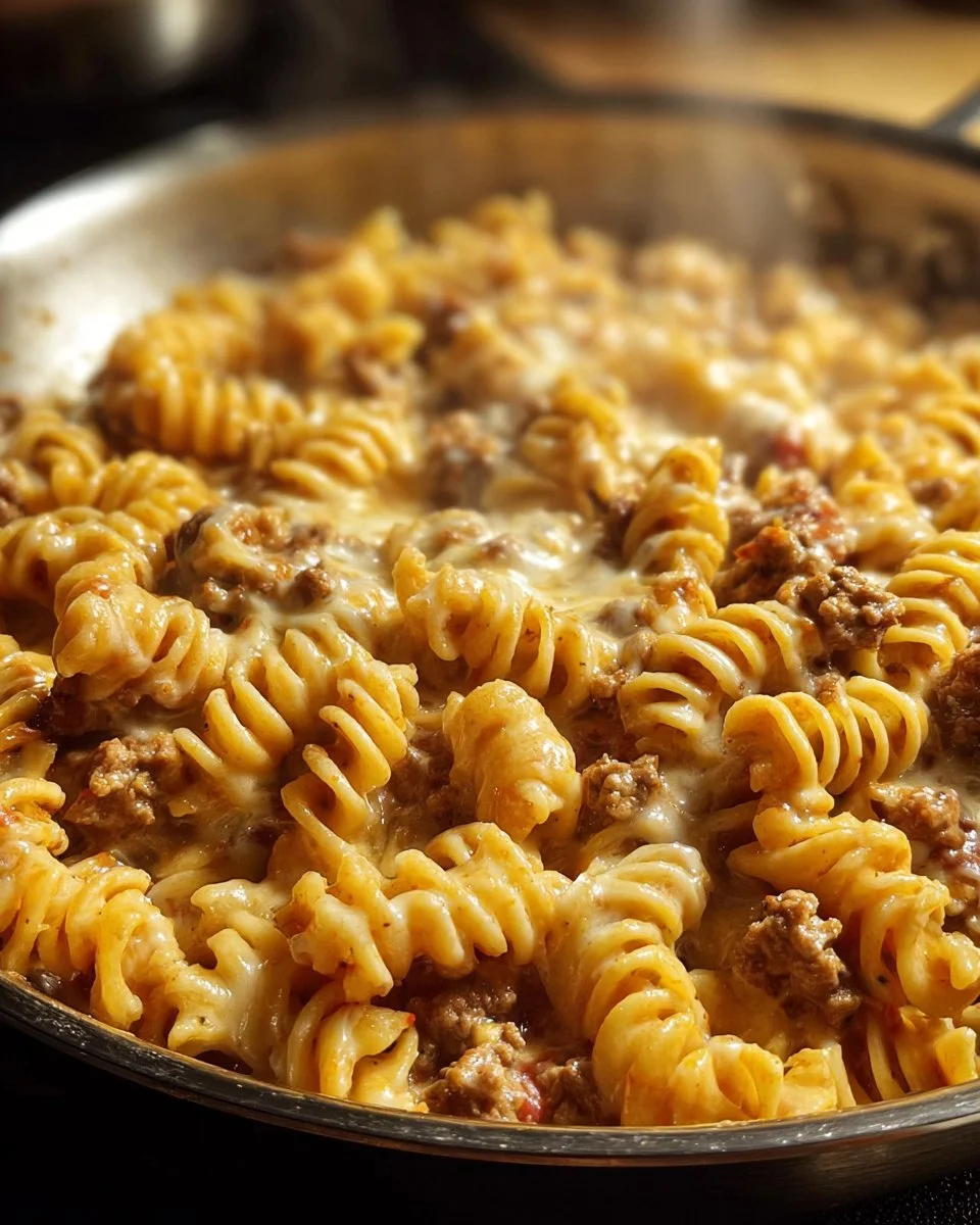 Cajun beef rotini in a creamy Velveeta cheese sauce served in a bowl