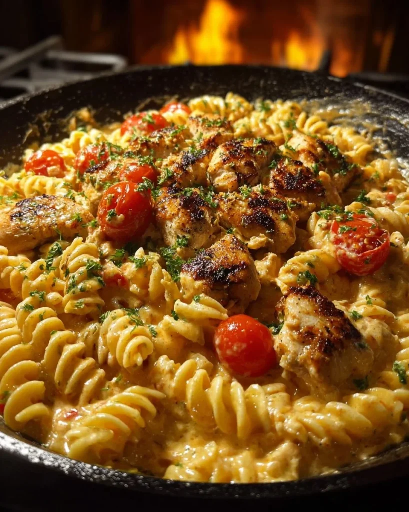 Cajun Velveeta Chicken Rotini served in spicy cheese sauce on a plate