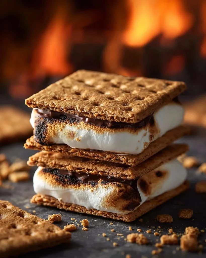 Delicious campfire s'mores with chocolate and marshmallows on a stick