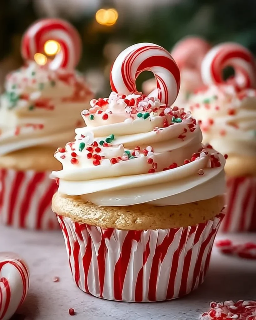 Festive candy cane cupcakes decorated with red and white frosting and crushed candy canes.