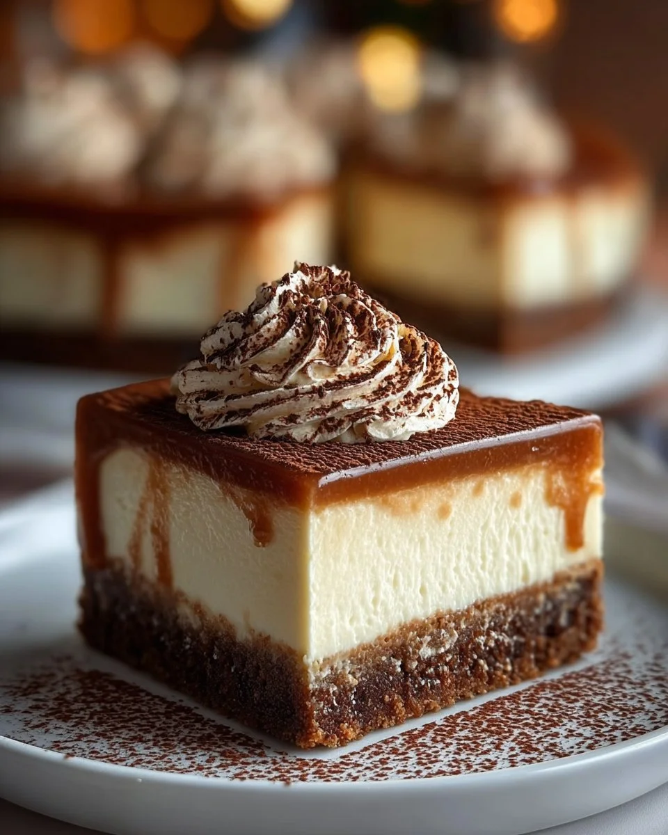 Delicious cappuccino cheesecake topped with coffee beans and chocolate drizzle