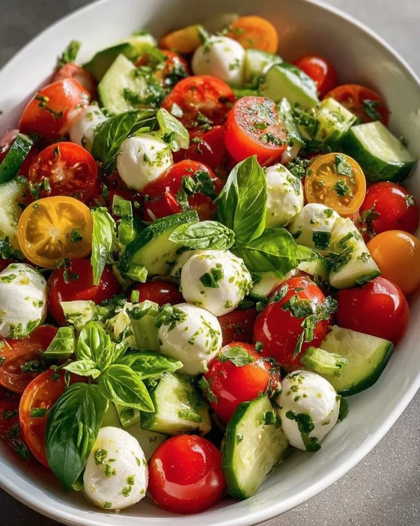 Delicious Caprese Cucumber Salad with fresh tomatoes, mozzarella, and basil