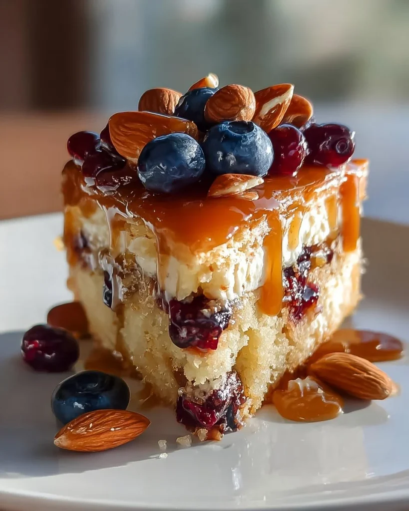 Delicious slice of Caramel Apple Almond Cake with caramel drizzle and almonds