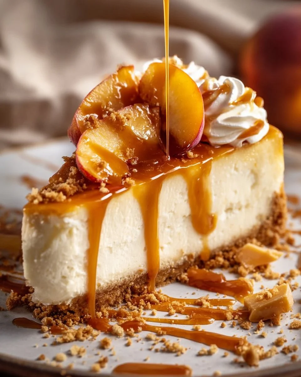 Slice of creamy caramel apple cheesecake topped with caramel drizzle and apple slices
