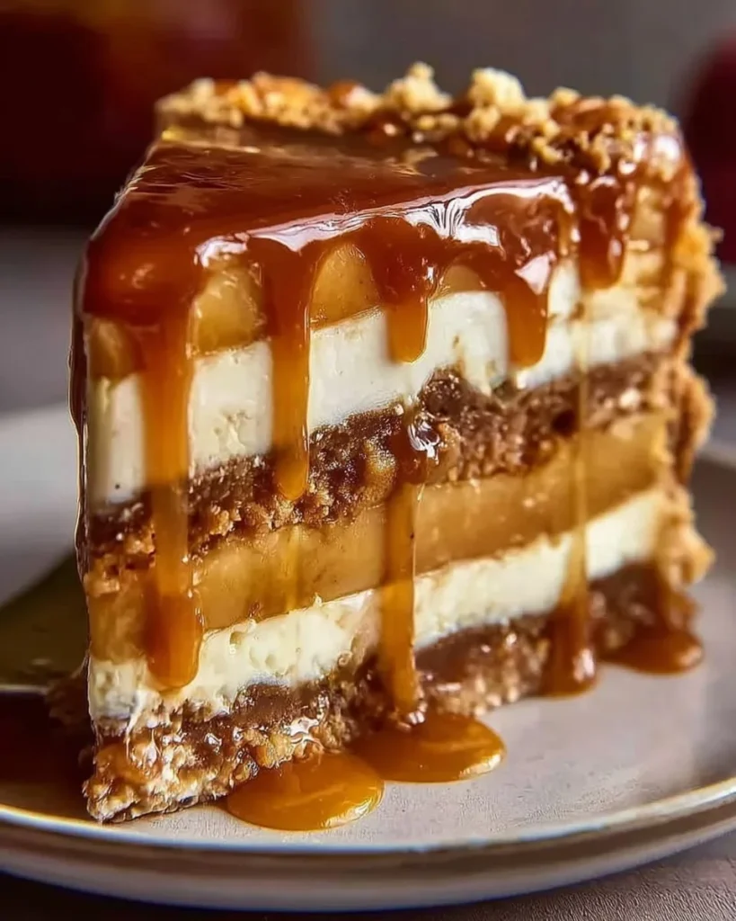 Delicious Caramel Apple Cheesecake topped with caramel and apple slices