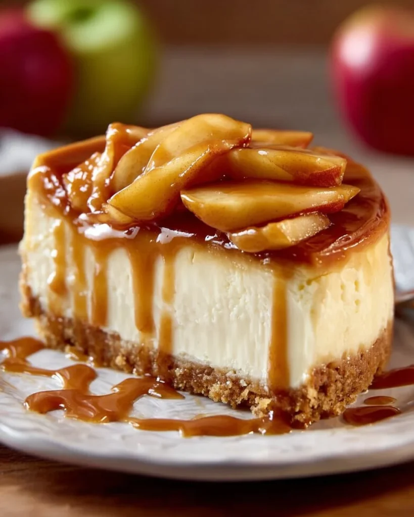 Slice of caramel apple cheesecake topped with caramel drizzle and apple slices
