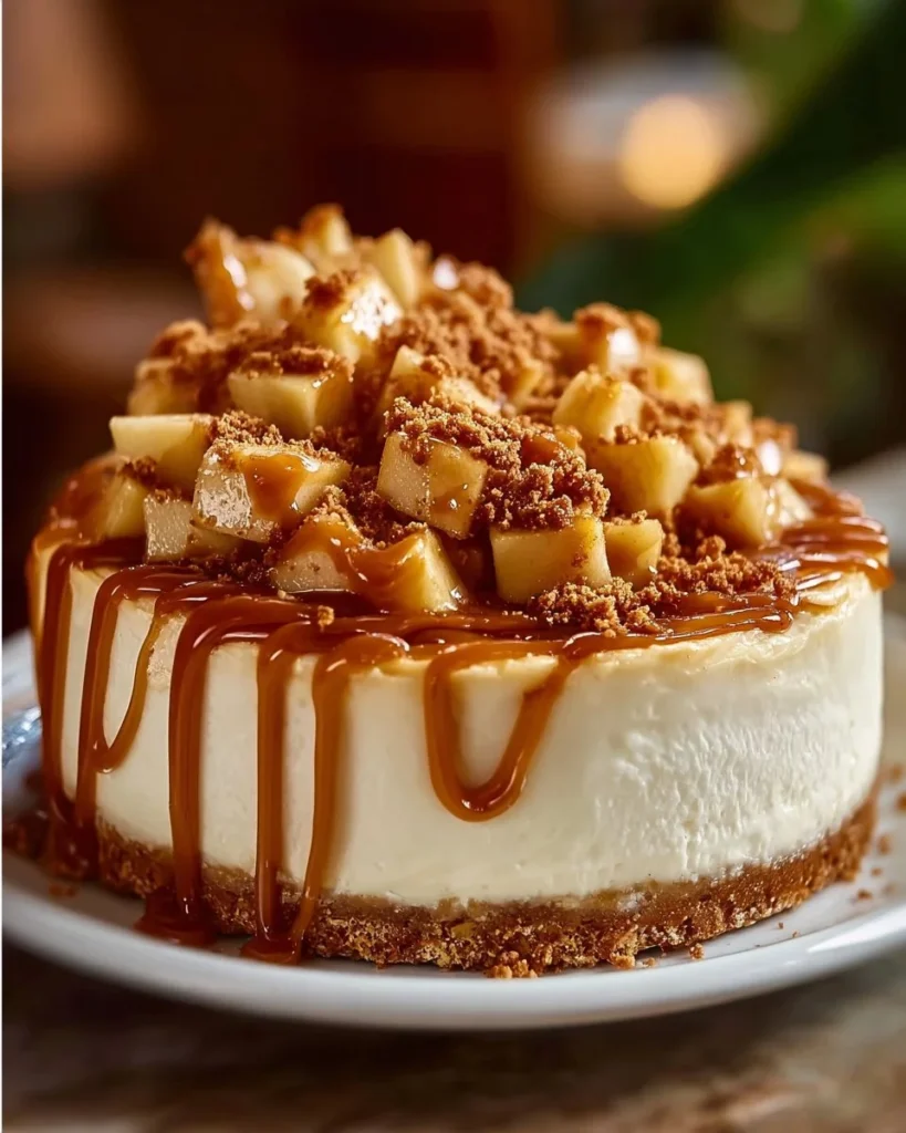 Delicious Caramel Apple Cheesecake topped with caramel and apple slices.