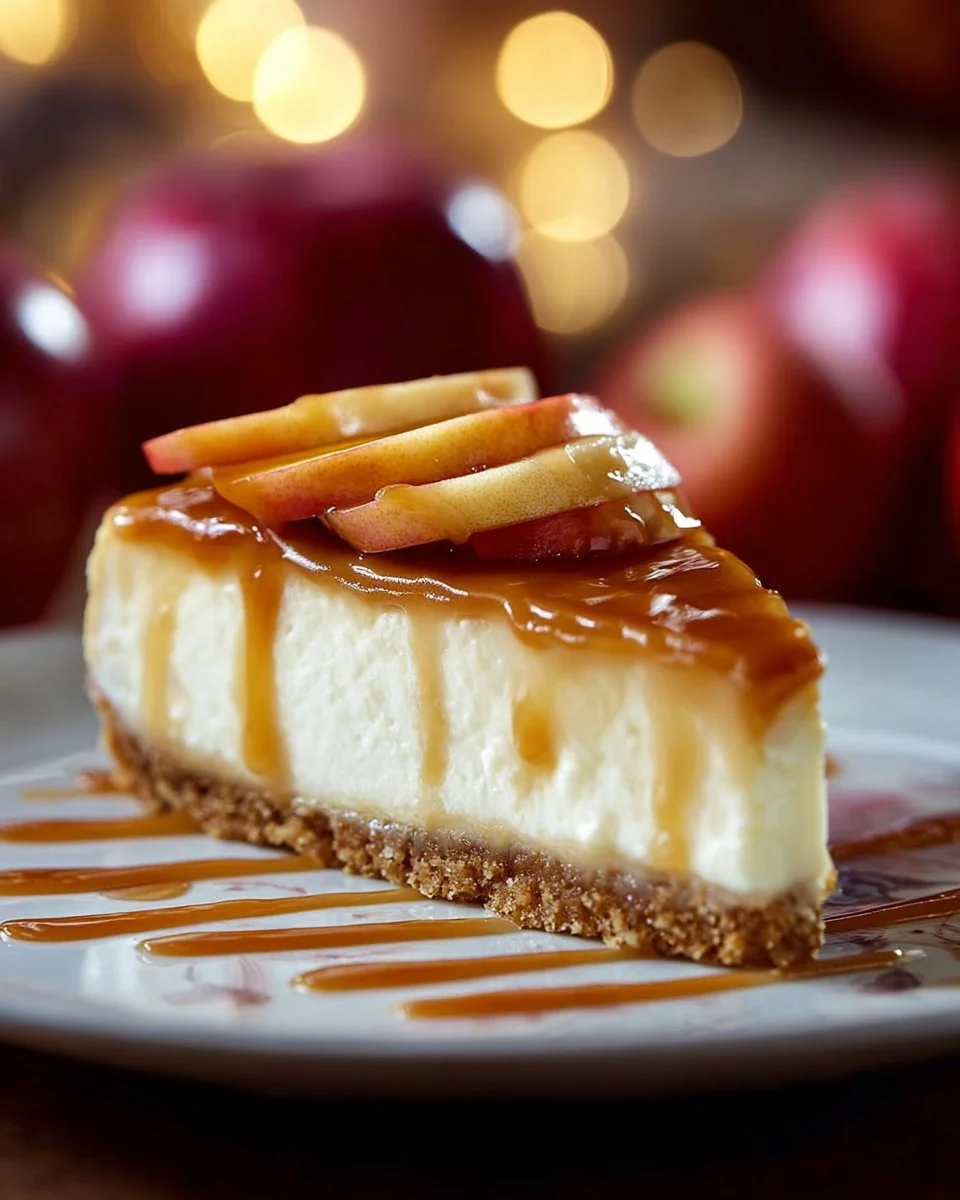Delicious Caramel Apple Cheesecake topped with caramel drizzle and apple slices