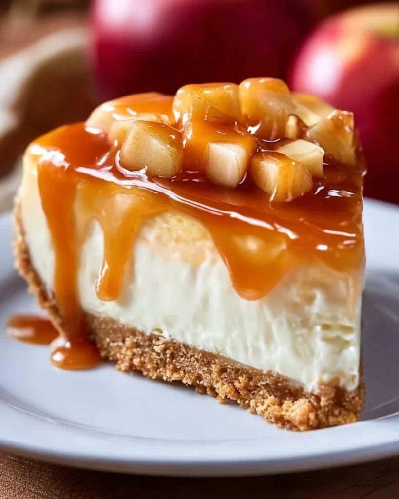 Slice of caramel apple cheesecake topped with caramel drizzle and apple slices