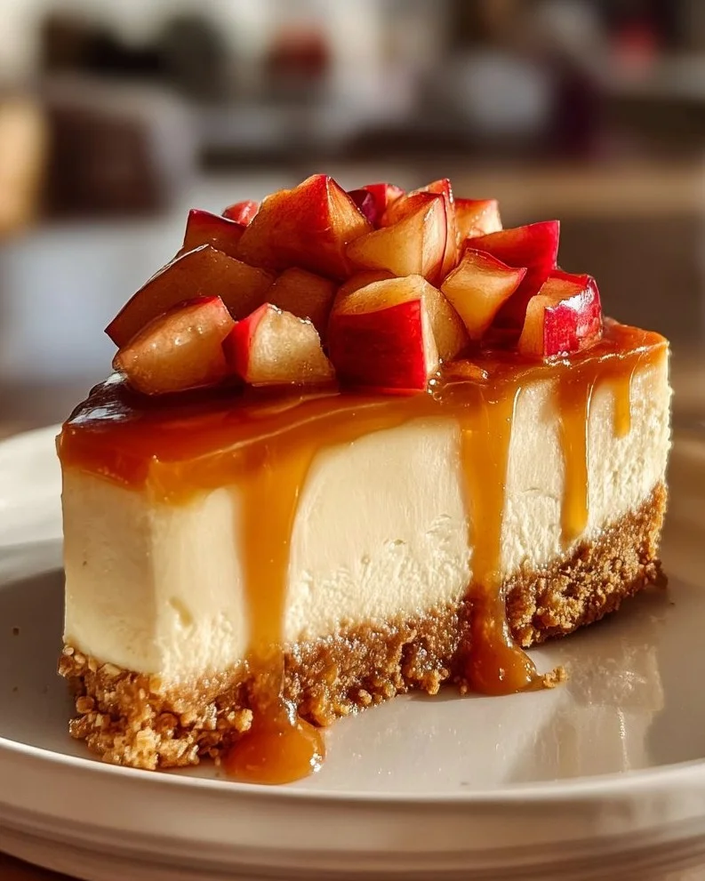 Slice of Caramel Apple Cheesecake topped with caramel drizzle and apple slices.