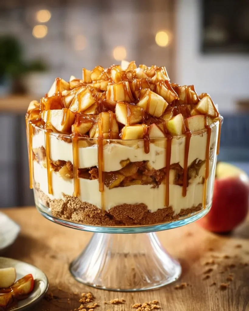 Delicious Caramel Apple Cheesecake Blondie Trifle with layers of cream and caramel.