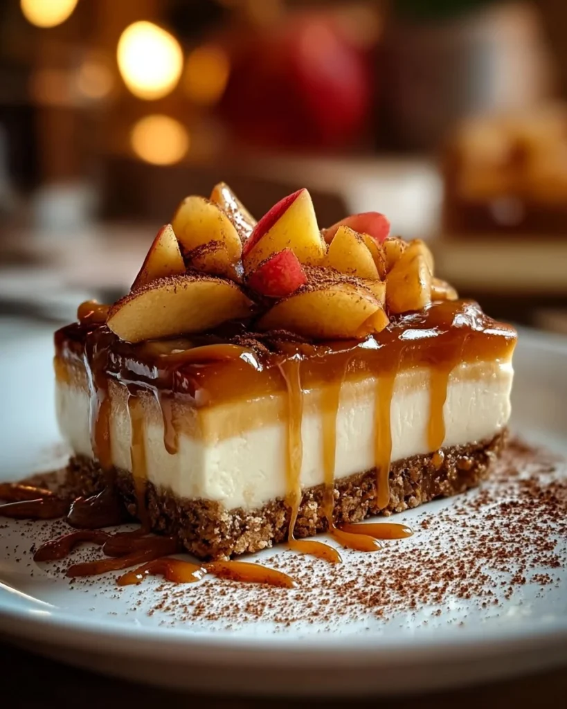 Slice of caramel apple cheesecake topped with caramel drizzle and apple slices