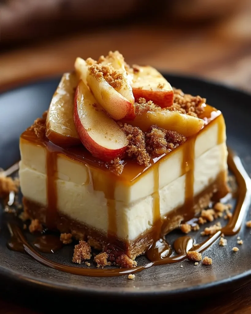 Slice of caramel apple cheesecake dessert topped with caramel drizzle and apple slices