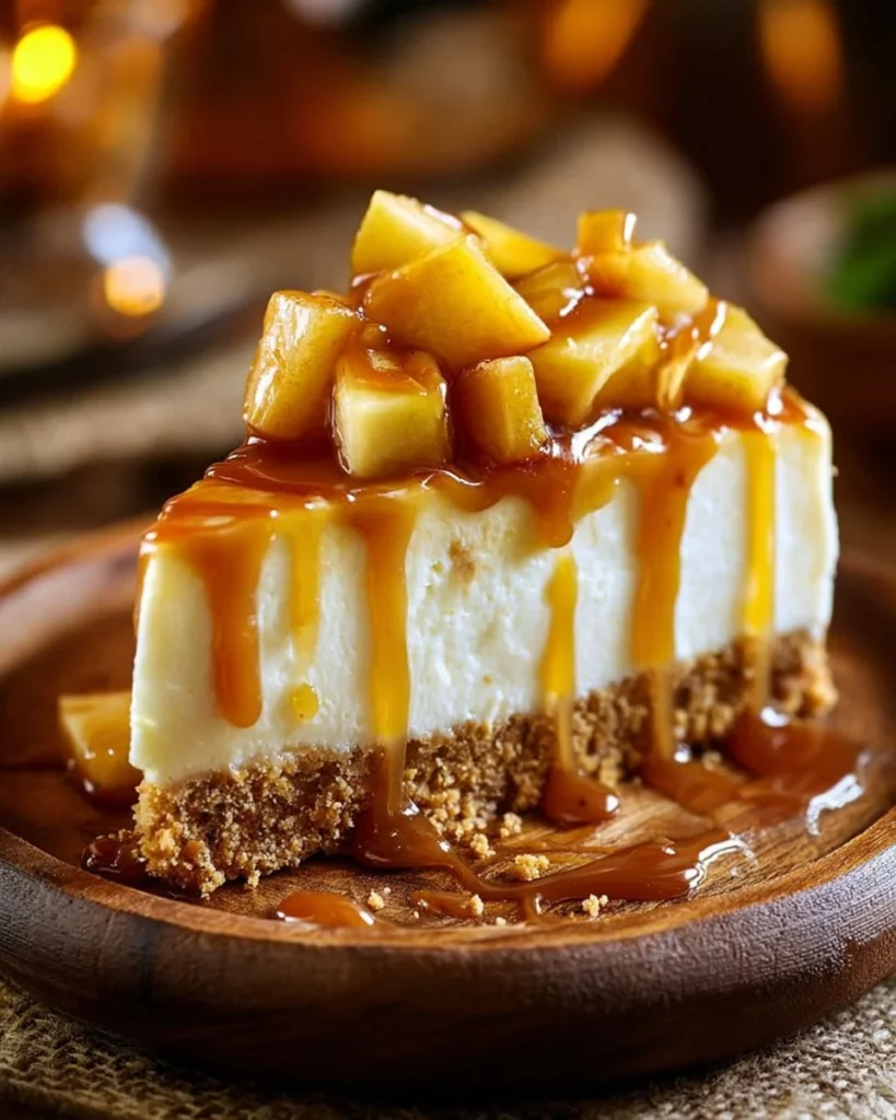Delicious caramel apple cheesecake dessert topped with caramel drizzle and apple slices.