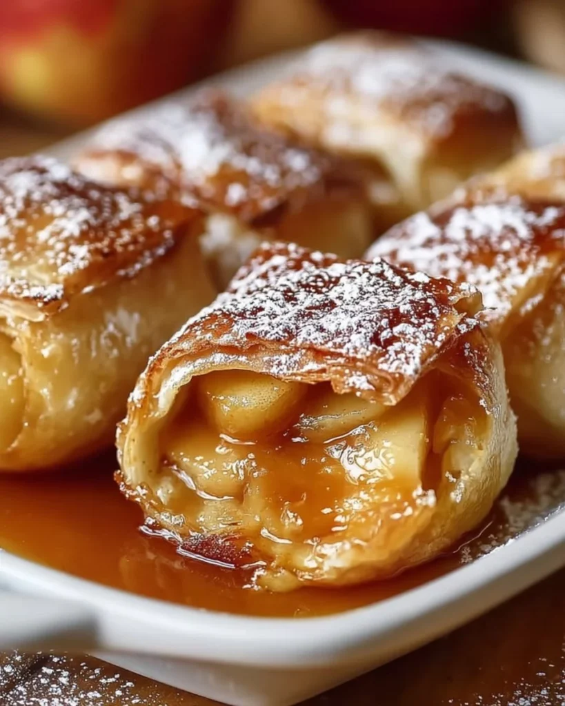 Delicious caramel apple chimichangas served with a drizzle of caramel sauce.