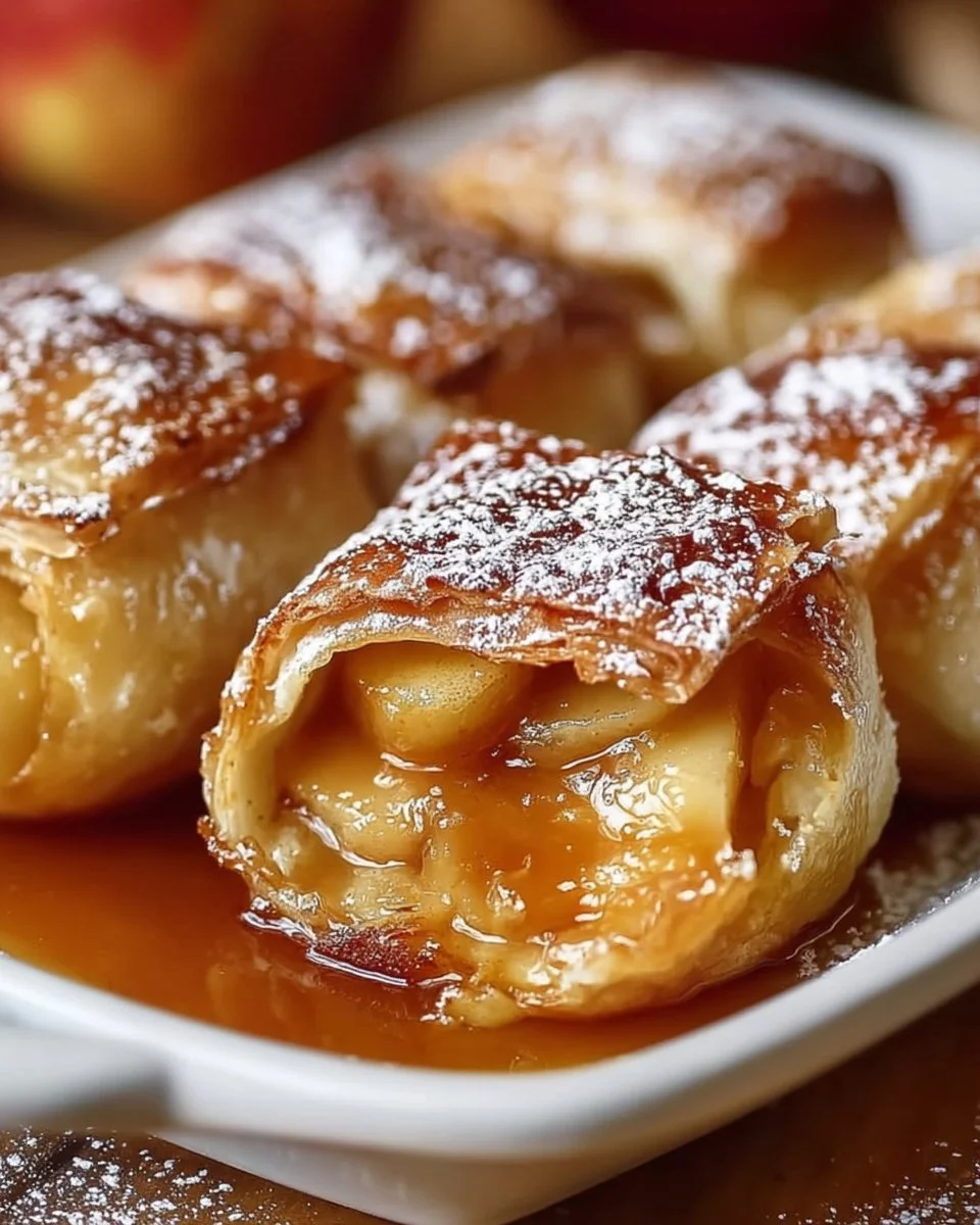 Delicious caramel apple chimichangas served with a drizzle of caramel sauce.