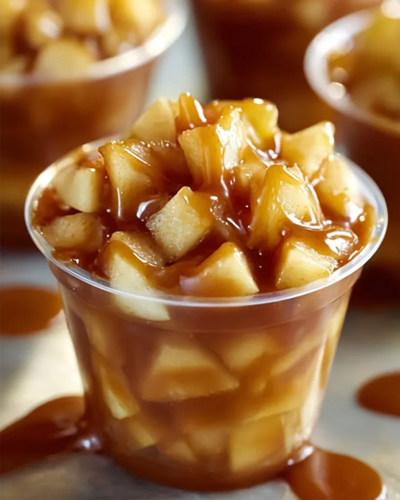 Delicious caramel apple dessert cups with fresh apples and caramel drizzle.