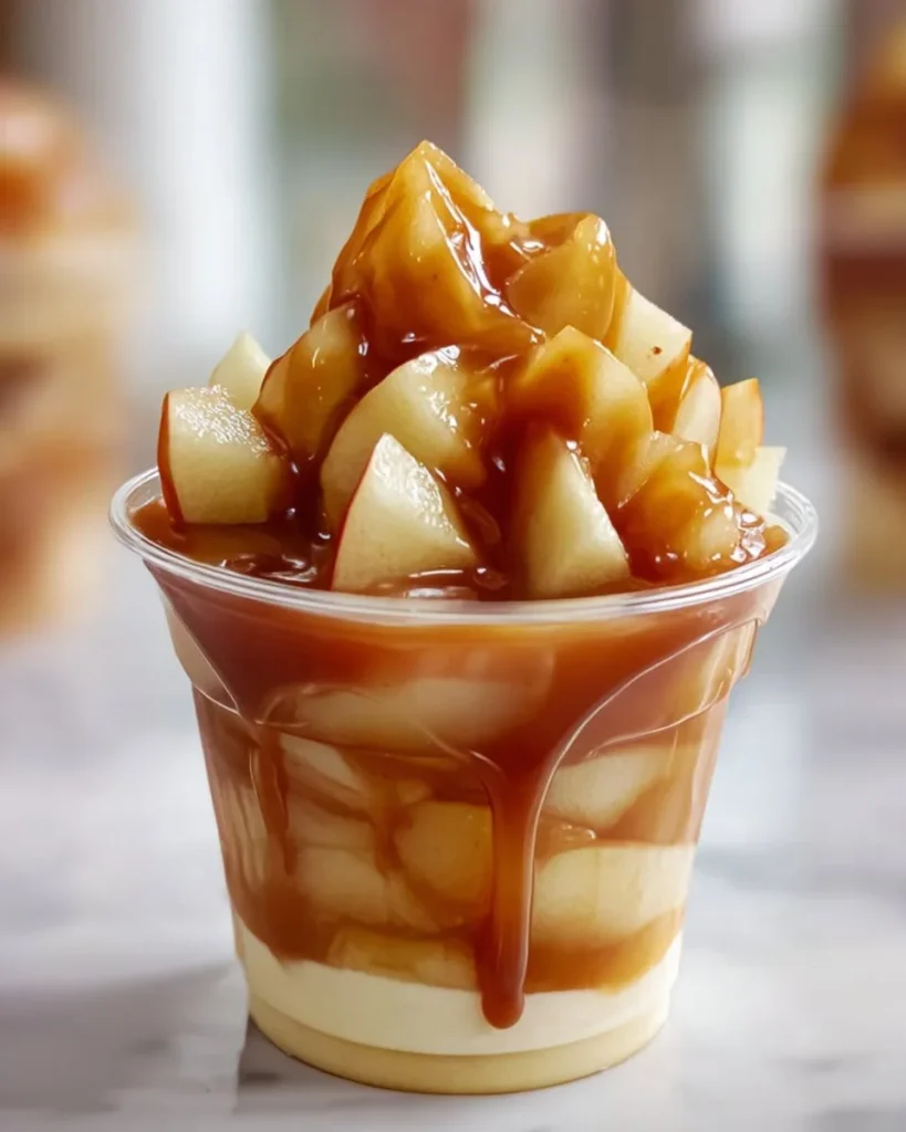 Delicious caramel apple dessert cups topped with whipped cream and caramel drizzle.