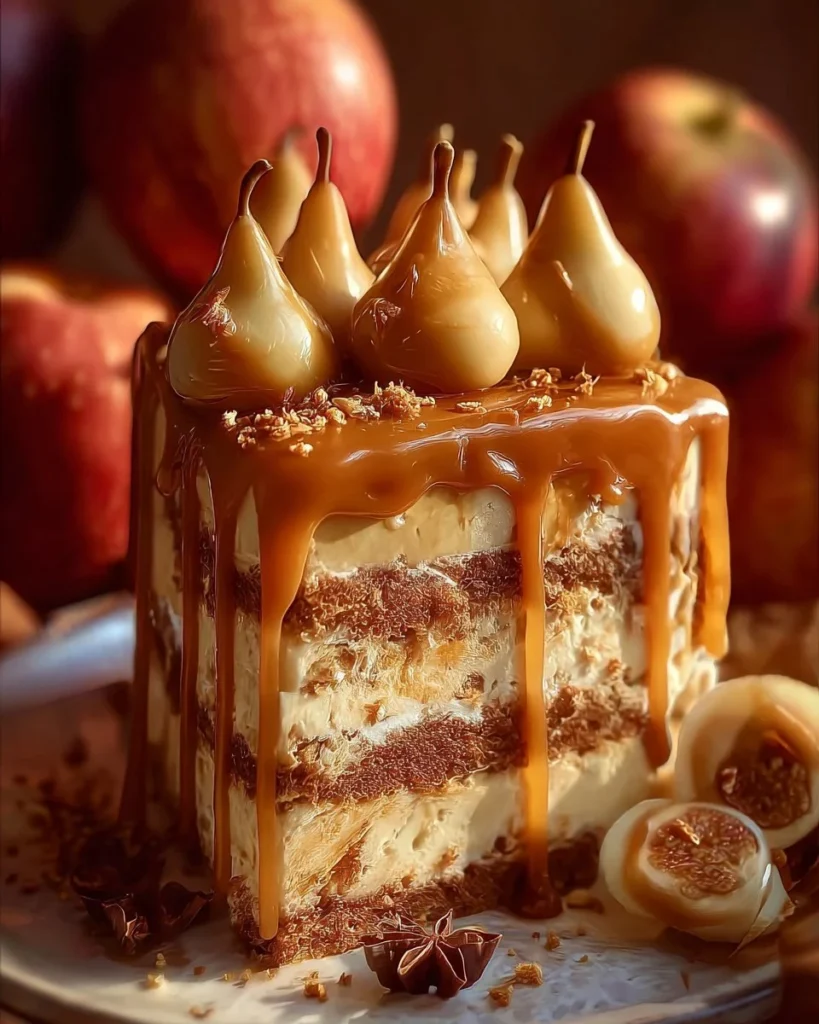 Delicious caramel apple spice cake topped with caramel drizzle and apple slices
