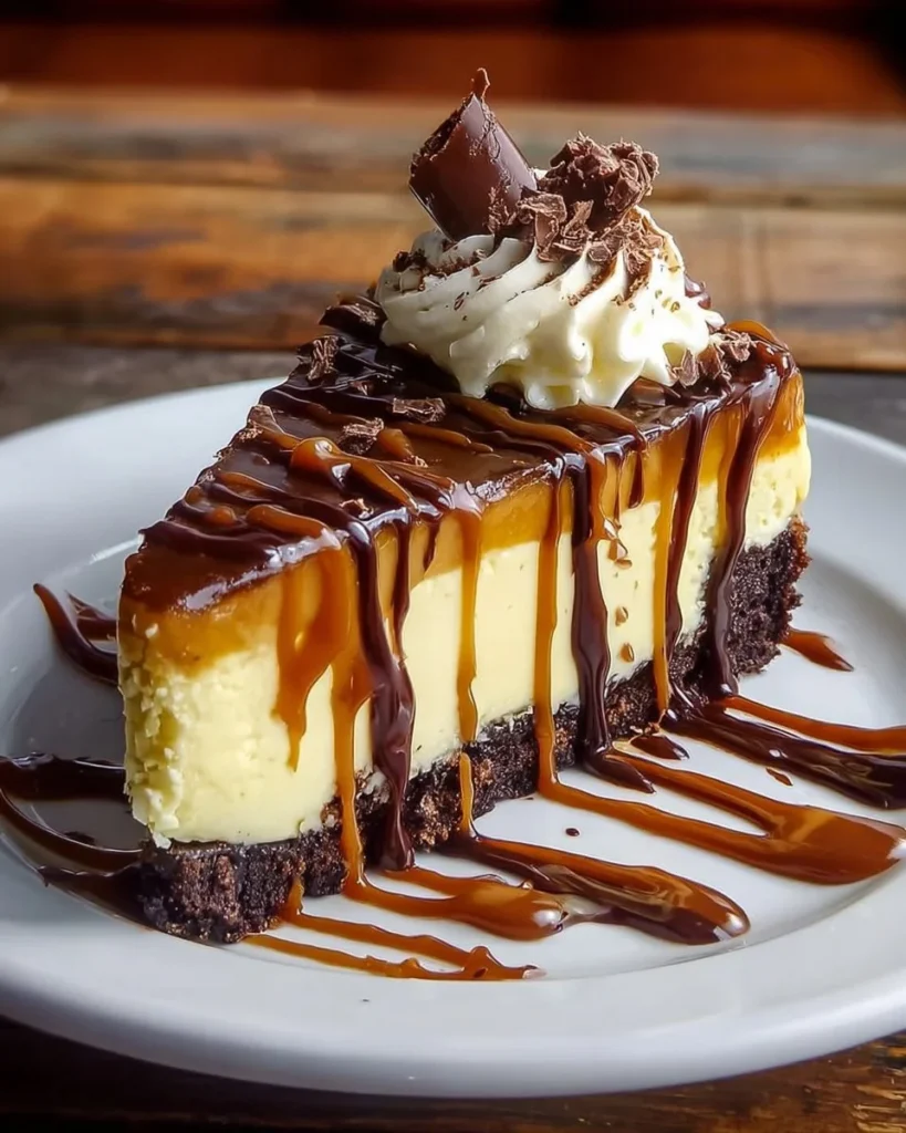Delicious caramel brownie cheesecake slice topped with caramel drizzle