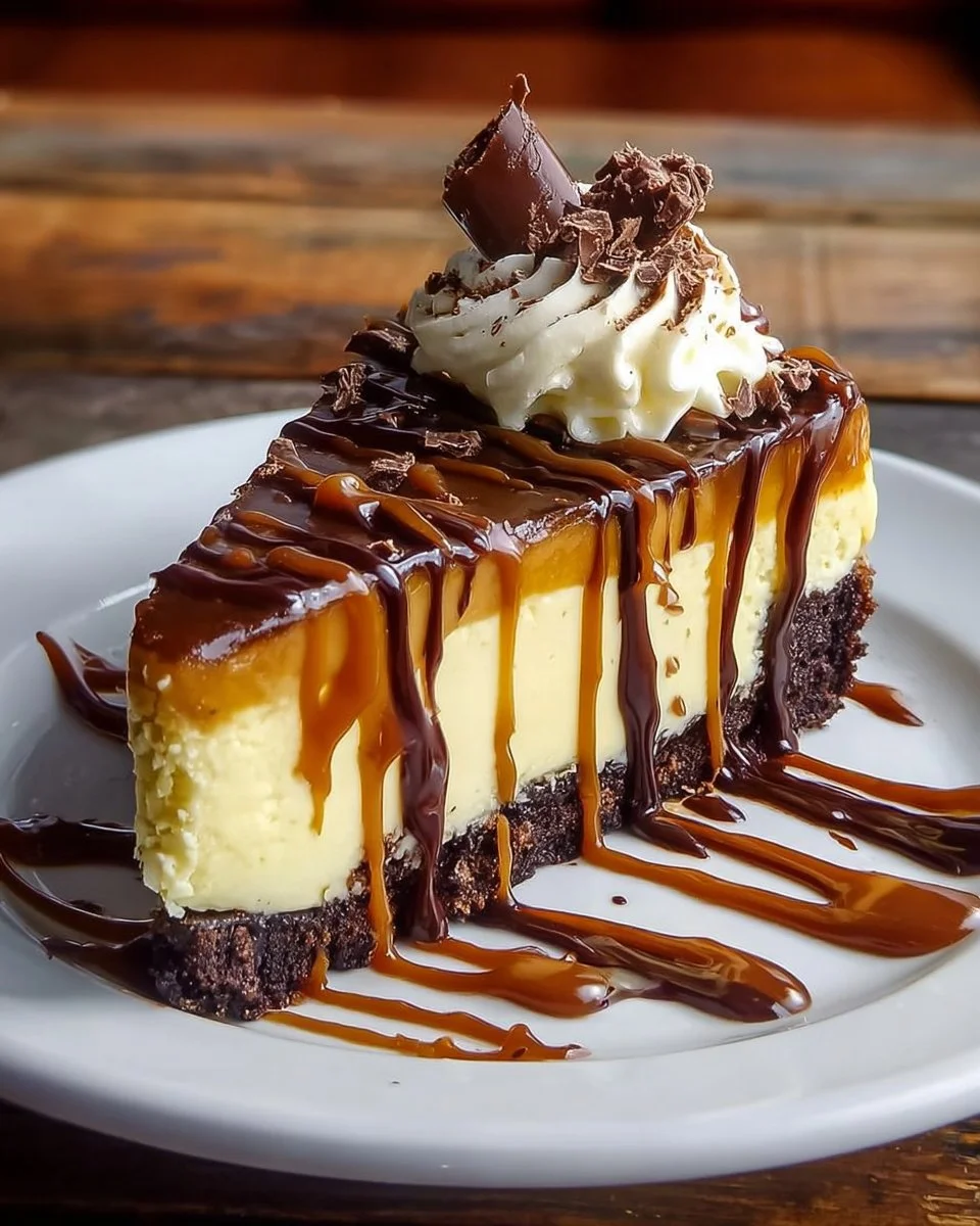 Delicious caramel brownie cheesecake slice topped with caramel drizzle
