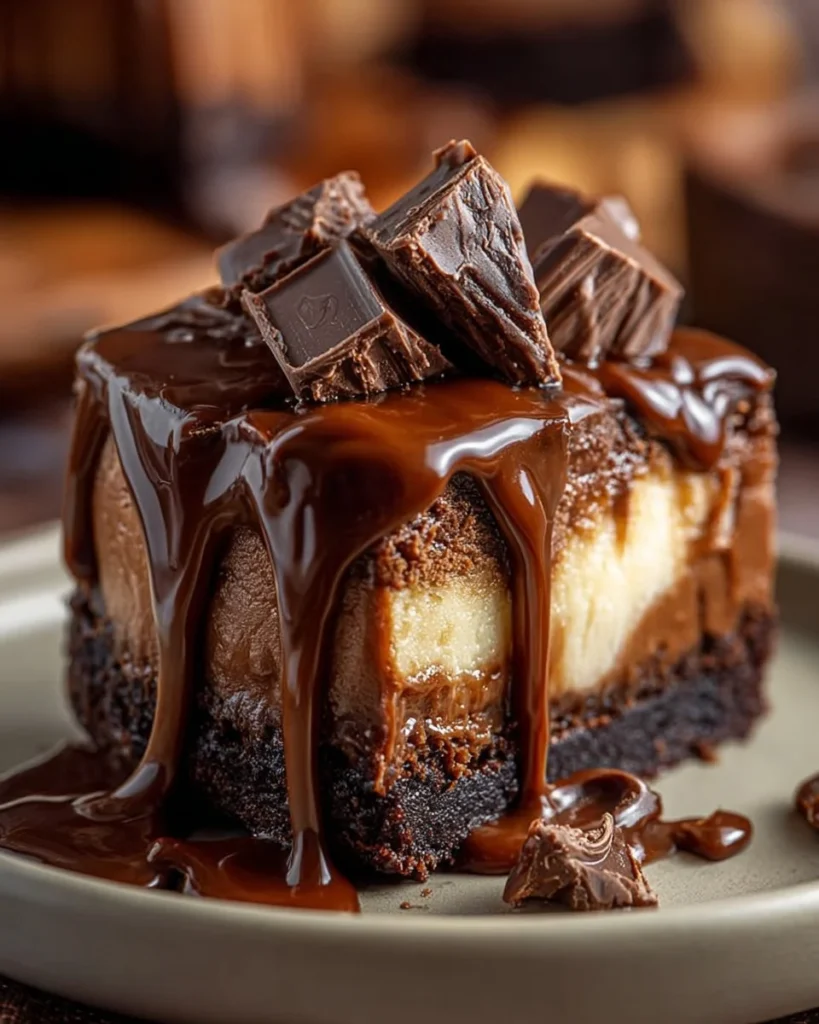 Slice of Caramel Brownie Cheesecake with rich chocolate topping and caramel drizzle