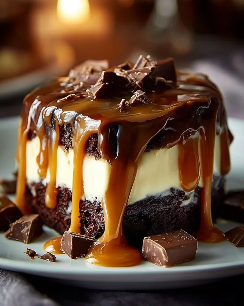 Delicious Caramel Brownie Cheesecake with chocolate drizzle and caramel topping