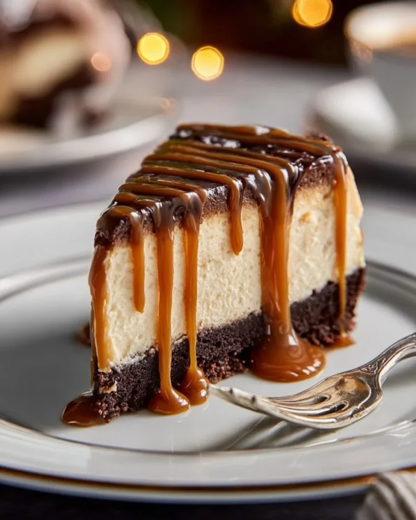 Delicious caramel brownie cheesecake slice with chocolate drizzle
