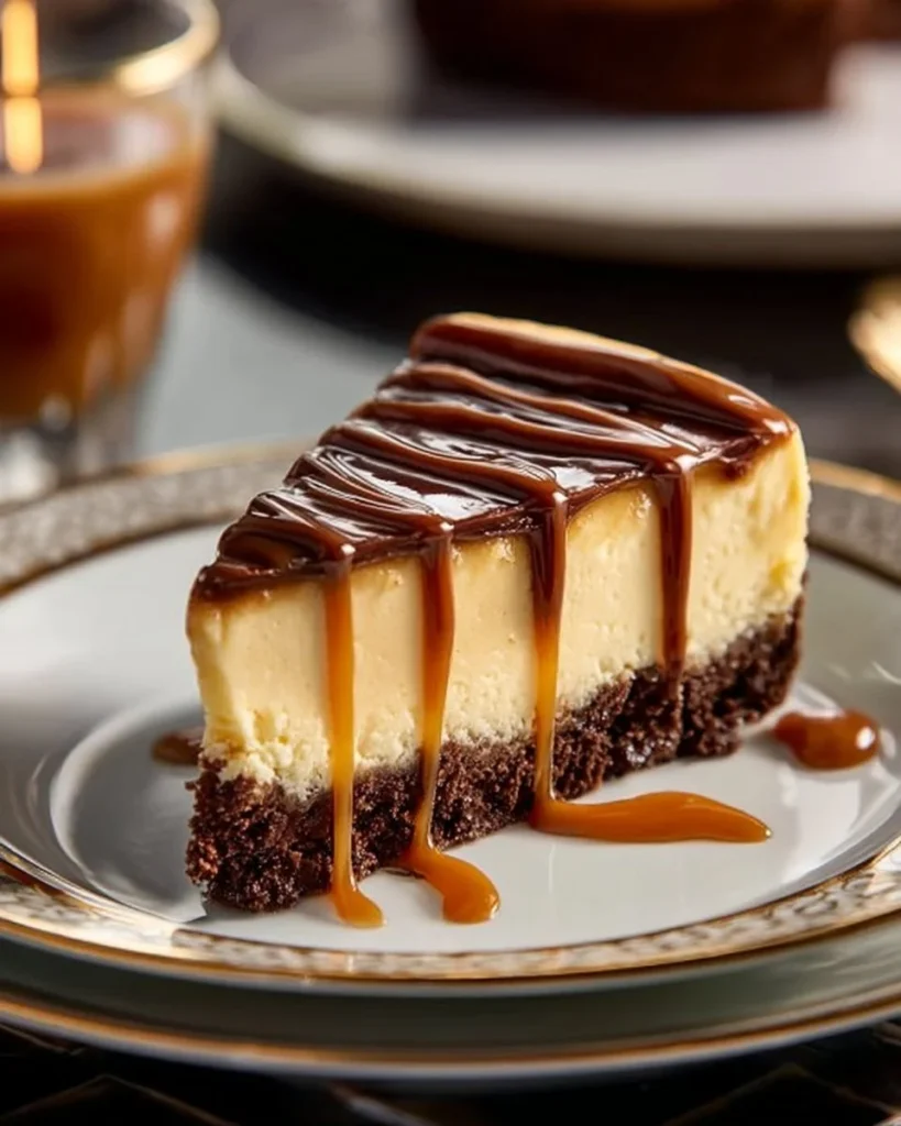 Delicious Caramel Brownie Cheesecake with layers of brownie and caramel sauce