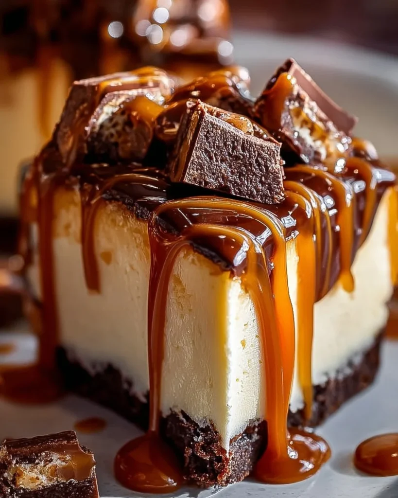 Delicious caramel brownie cheesecake topped with caramel drizzle on a plate