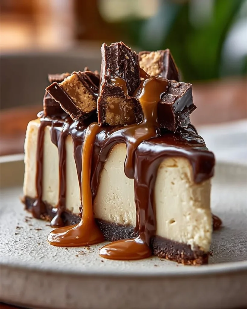 Caramel brownie cheesecake topped with rich caramel sauce and chocolate drizzle