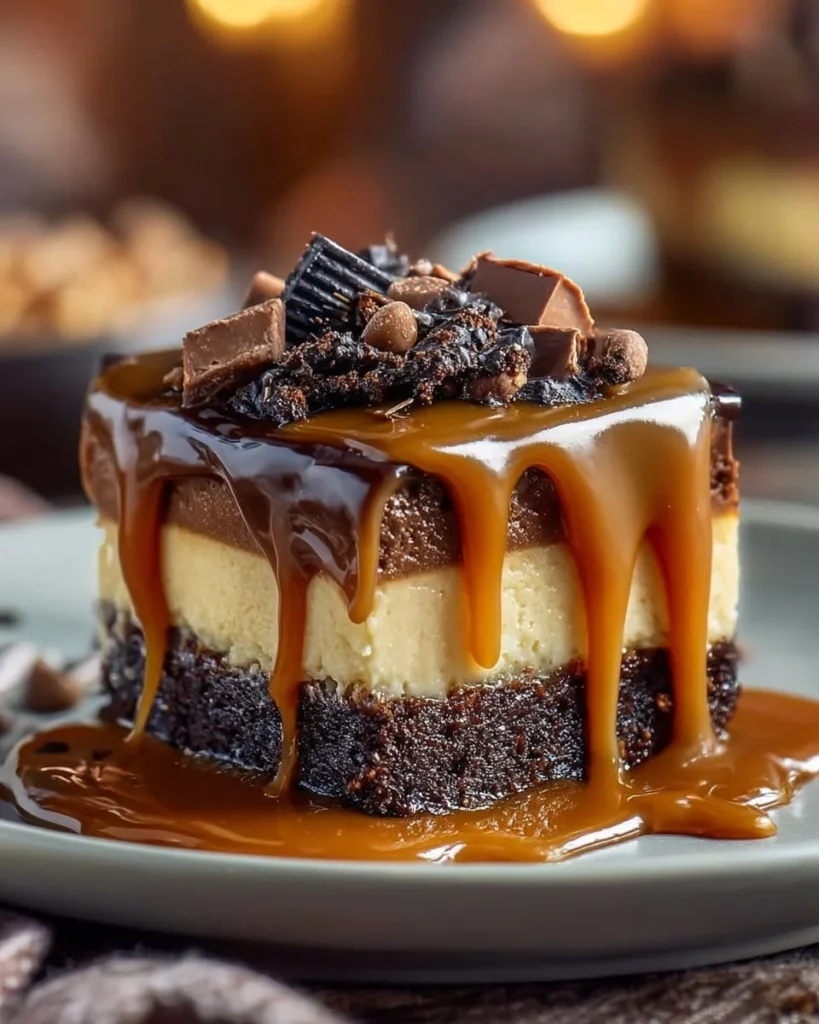 A slice of caramel brownie swirl cheesecake topped with caramel drizzle.