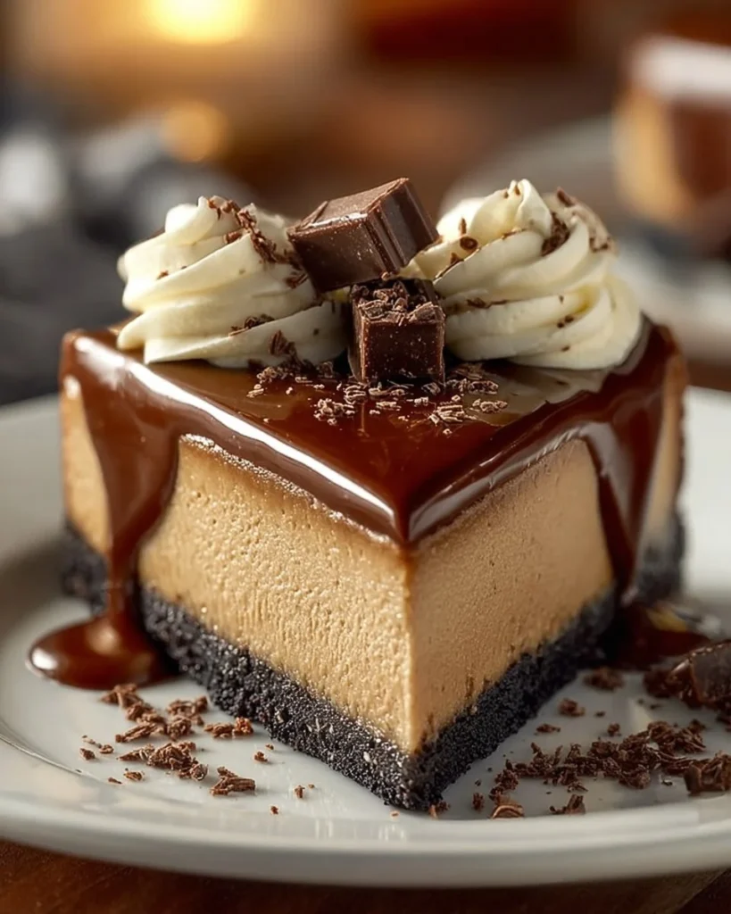 Delicious caramel cheesecake topped with drizzled caramel sauce