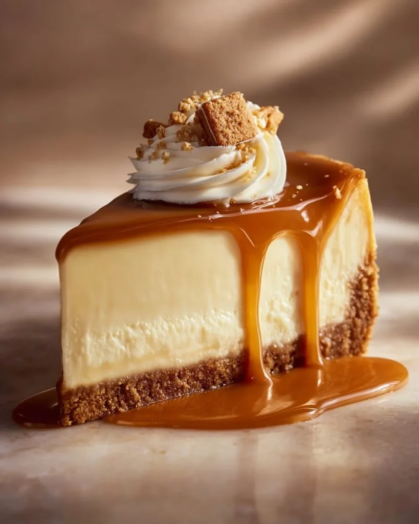 Deliciously rich caramel cheesecake topped with caramel drizzle on a graham cracker crust.