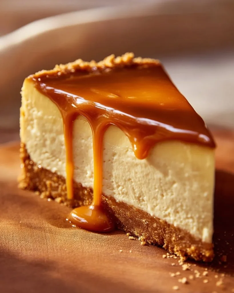 Delicious homemade Caramel Cheesecake topped with drizzled caramel sauce.