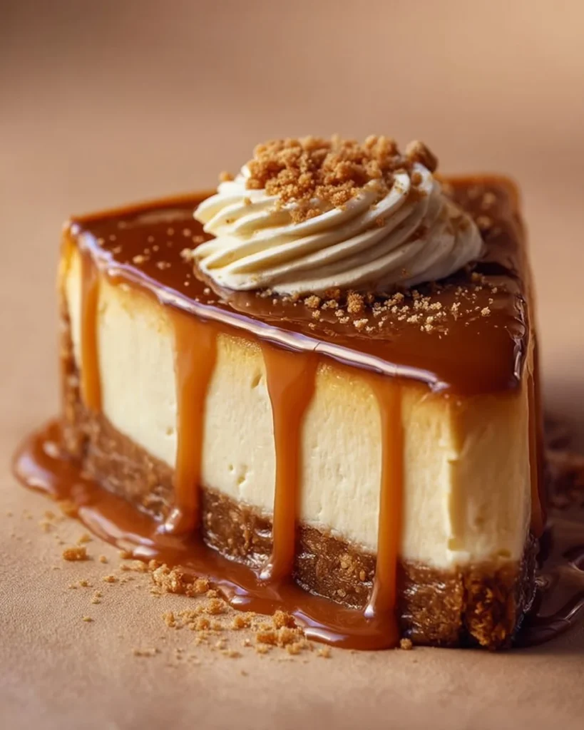 Delicious slice of caramel cheesecake with a rich, creamy topping