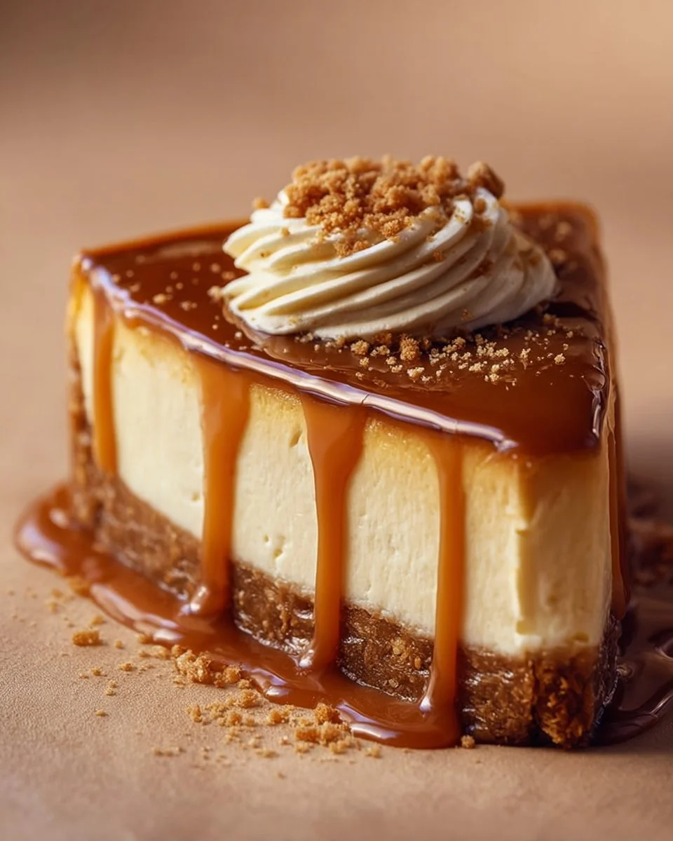 Delicious slice of caramel cheesecake with a rich, creamy topping