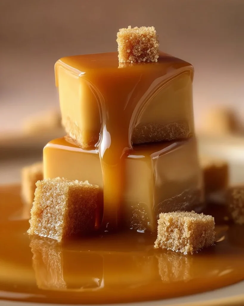 Delicious caramel cheesecake cubes topped with caramel drizzle